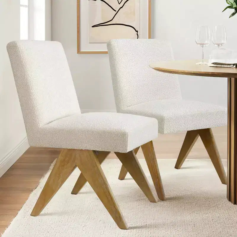 Dining Chairs Set of 2, Modern Boucl Upholstered Armless Side Parsons Chair with Oak Finish Solid Rubberwood V-Legs - Panipeachy