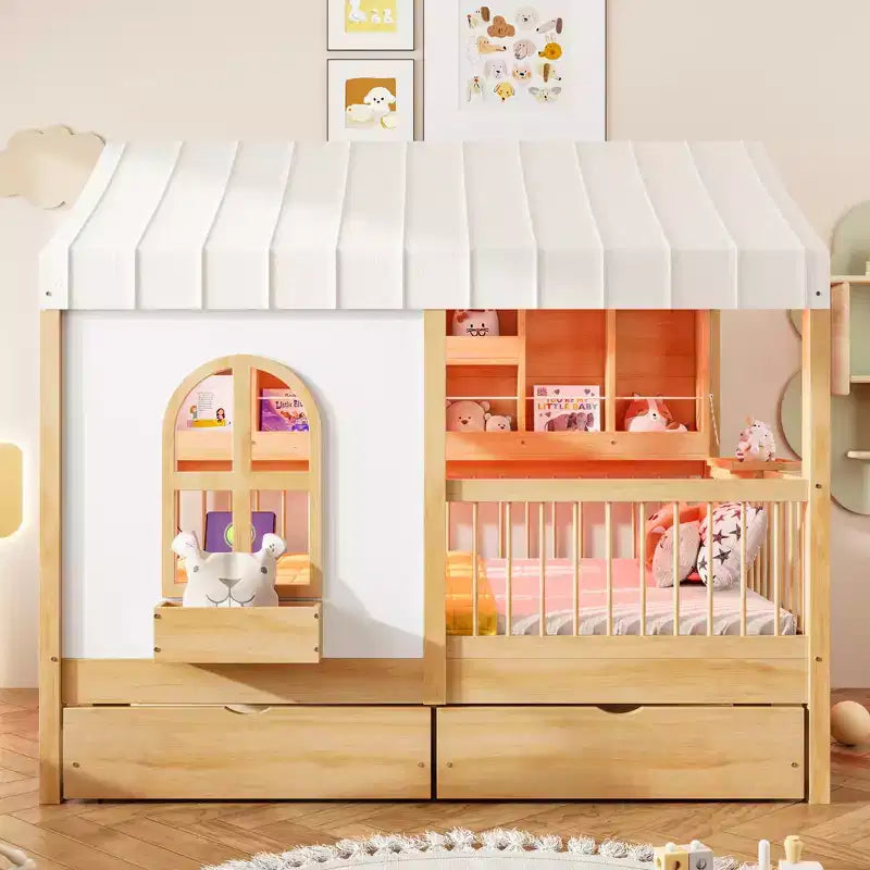 Full Size House Bed Tent Bed Kids Bed Frame with 2 Drawers, Side LED Bookshelf & Built-In Charging Station - ModernLuxe