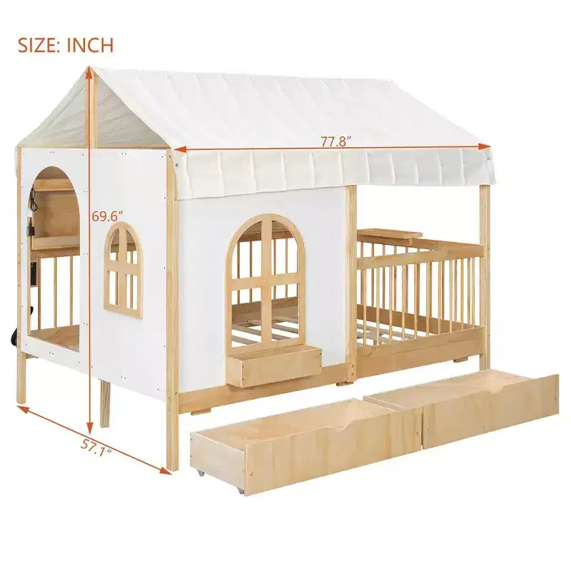 Full Size House Bed Tent Bed Kids Bed Frame with 2 Drawers, Side LED Bookshelf & Built-In Charging Station - ModernLuxe