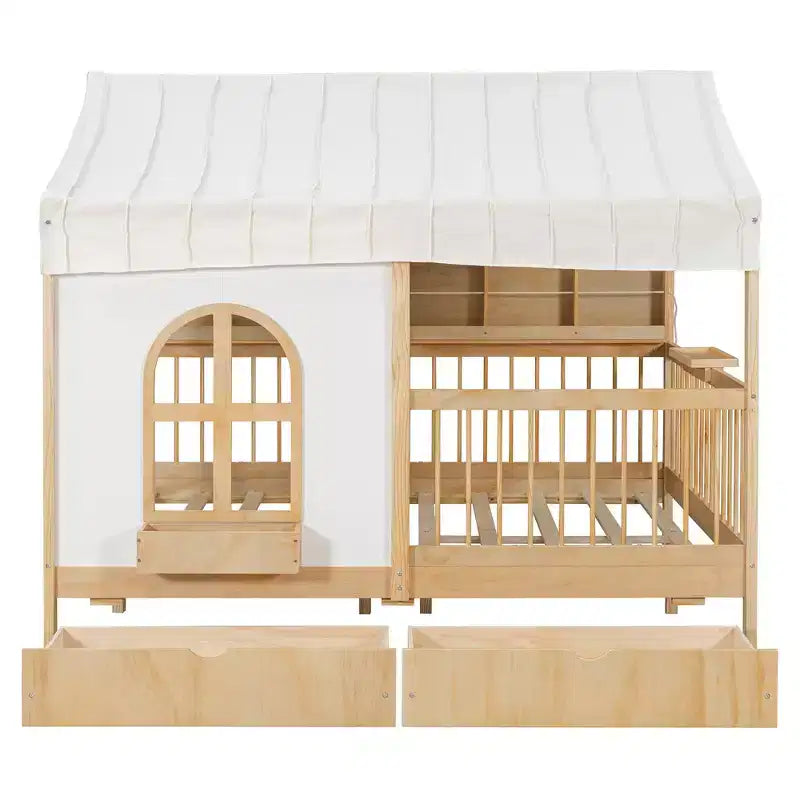 Full Size House Bed Tent Bed Kids Bed Frame with 2 Drawers, Side LED Bookshelf & Built-In Charging Station - ModernLuxe