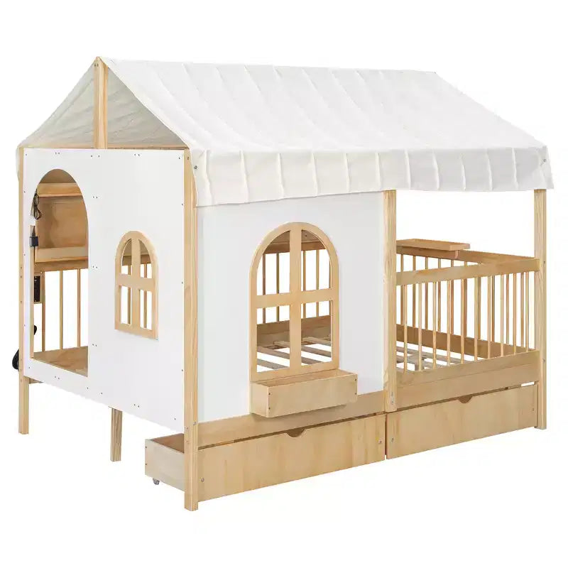 Full Size House Bed Tent Bed Kids Bed Frame with 2 Drawers, Side LED Bookshelf & Built-In Charging Station - ModernLuxe