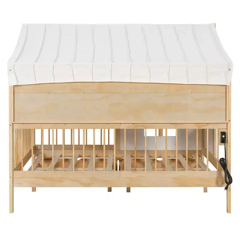 Full Size House Bed Tent Bed Kids Bed Frame with 2 Drawers, Side LED Bookshelf & Built-In Charging Station - ModernLuxe