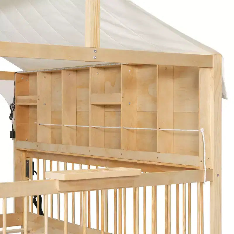 Full Size House Bed Tent Bed Kids Bed Frame with 2 Drawers, Side LED Bookshelf & Built-In Charging Station - ModernLuxe