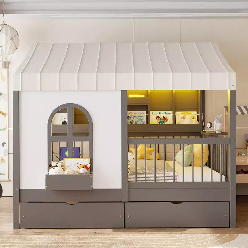 Full Size House Bed Tent Bed Kids Bed Frame with 2 Drawers, Side LED Bookshelf & Built-In Charging Station - ModernLuxe