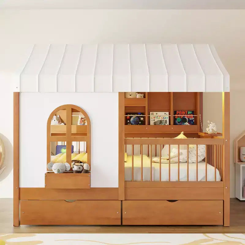 Full Size House Bed Tent Bed Kids Bed Frame with 2 Drawers, Side LED Bookshelf & Built-In Charging Station - ModernLuxe