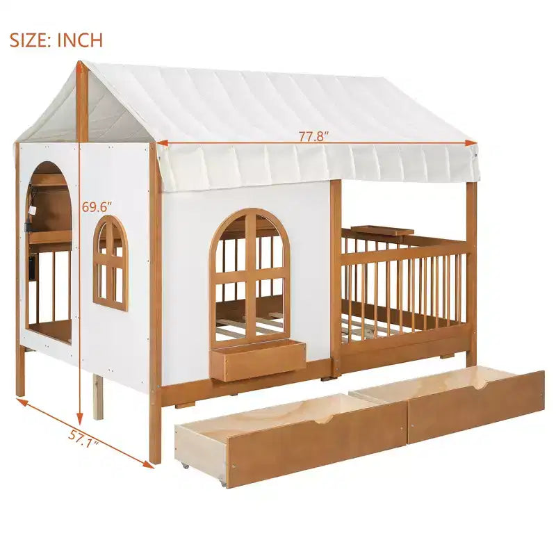 Full Size House Bed Tent Bed Kids Bed Frame with 2 Drawers, Side LED Bookshelf & Built-In Charging Station - ModernLuxe