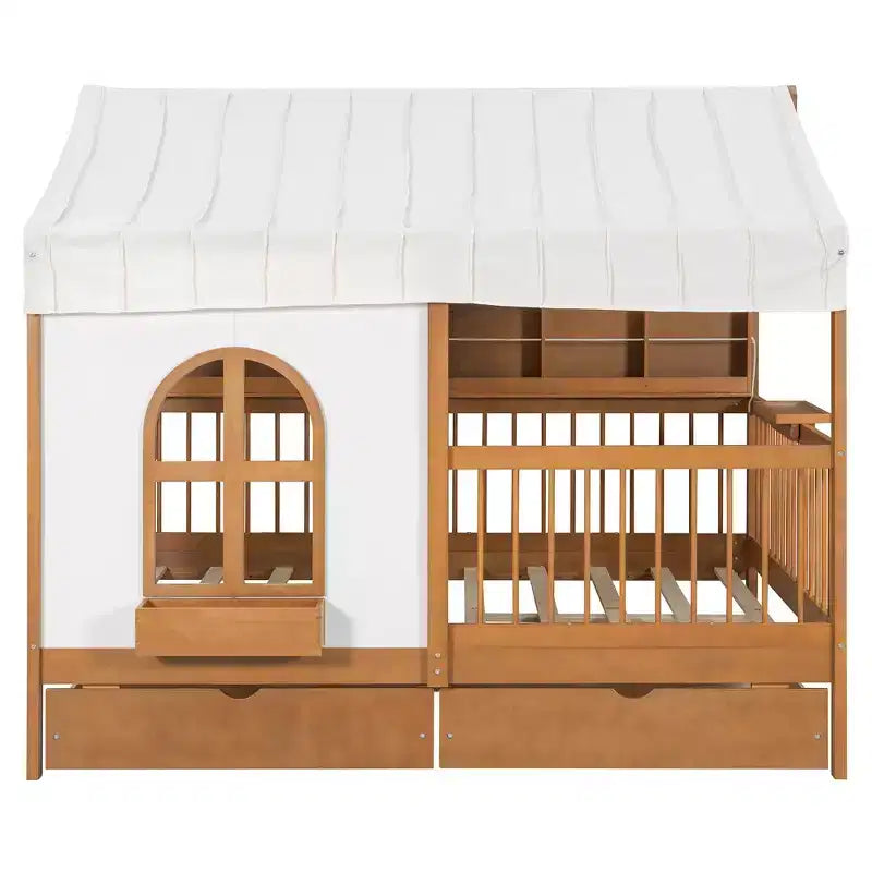Full Size House Bed Tent Bed Kids Bed Frame with 2 Drawers, Side LED Bookshelf & Built-In Charging Station - ModernLuxe