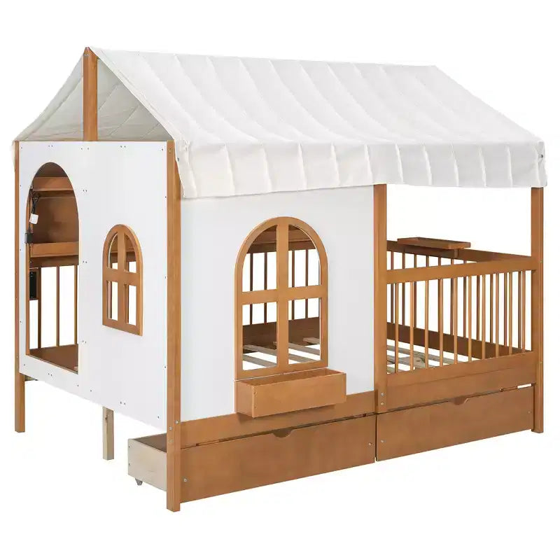 Full Size House Bed Tent Bed Kids Bed Frame with 2 Drawers, Side LED Bookshelf & Built-In Charging Station - ModernLuxe