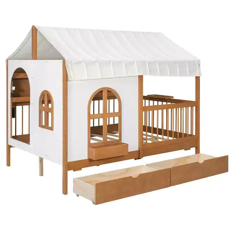 Full Size House Bed Tent Bed Kids Bed Frame with 2 Drawers, Side LED Bookshelf & Built-In Charging Station - ModernLuxe