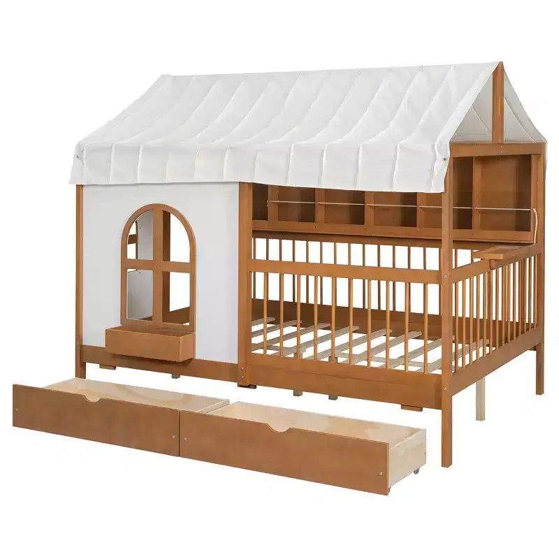 Full Size House Bed Tent Bed Kids Bed Frame with 2 Drawers, Side LED Bookshelf & Built-In Charging Station - ModernLuxe
