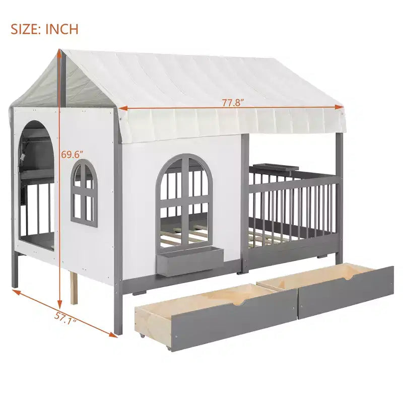 Full Size House Bed Tent Bed Kids Bed Frame with 2 Drawers, Side LED Bookshelf & Built-In Charging Station - ModernLuxe
