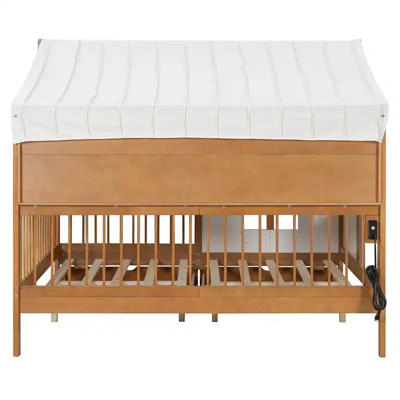 Full Size House Bed Tent Bed Kids Bed Frame with 2 Drawers, Side LED Bookshelf & Built-In Charging Station - ModernLuxe