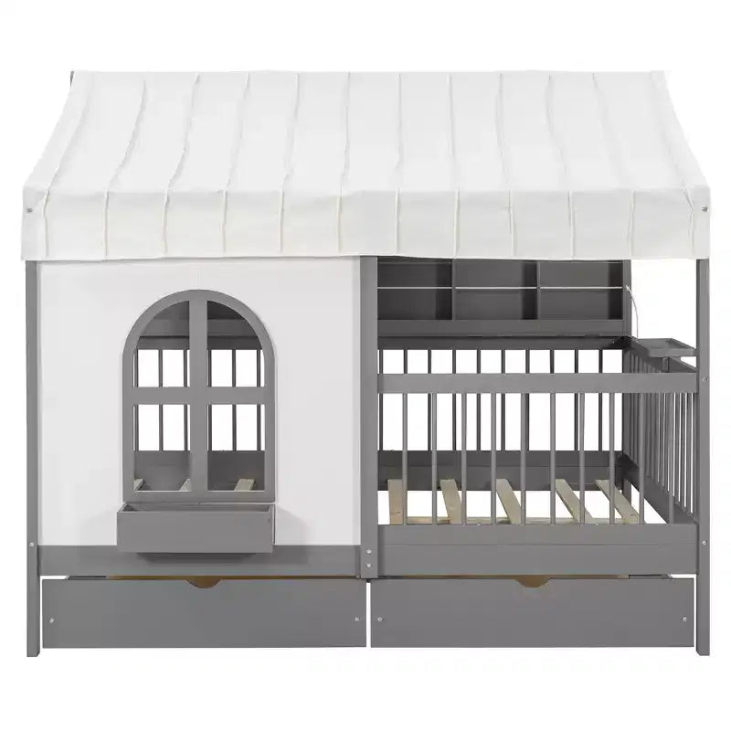 Full Size House Bed Tent Bed Kids Bed Frame with 2 Drawers, Side LED Bookshelf & Built-In Charging Station - ModernLuxe