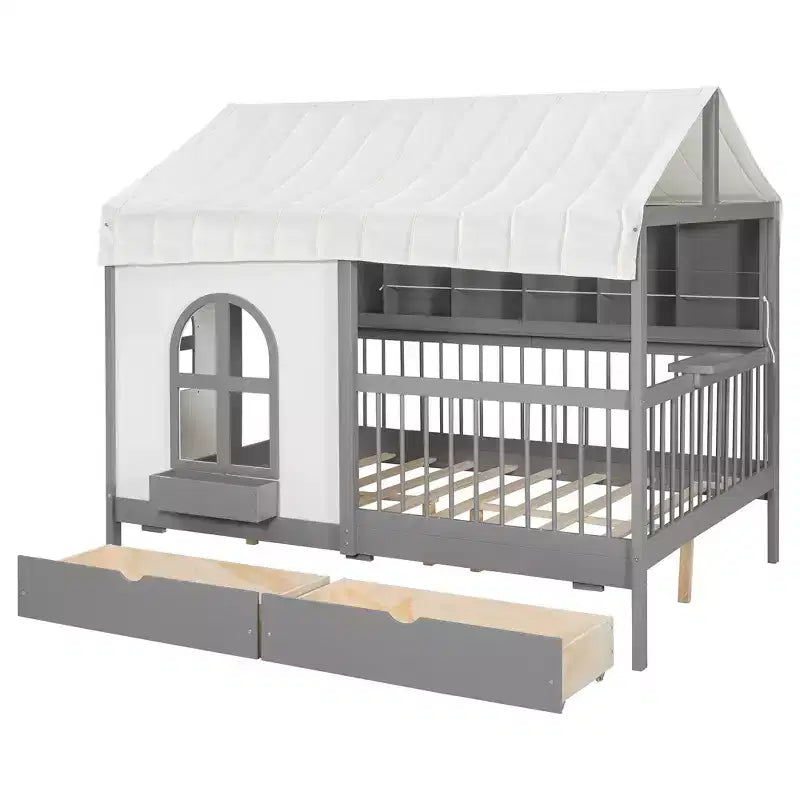 Full Size House Bed Tent Bed Kids Bed Frame with 2 Drawers, Side LED Bookshelf & Built-In Charging Station - ModernLuxe