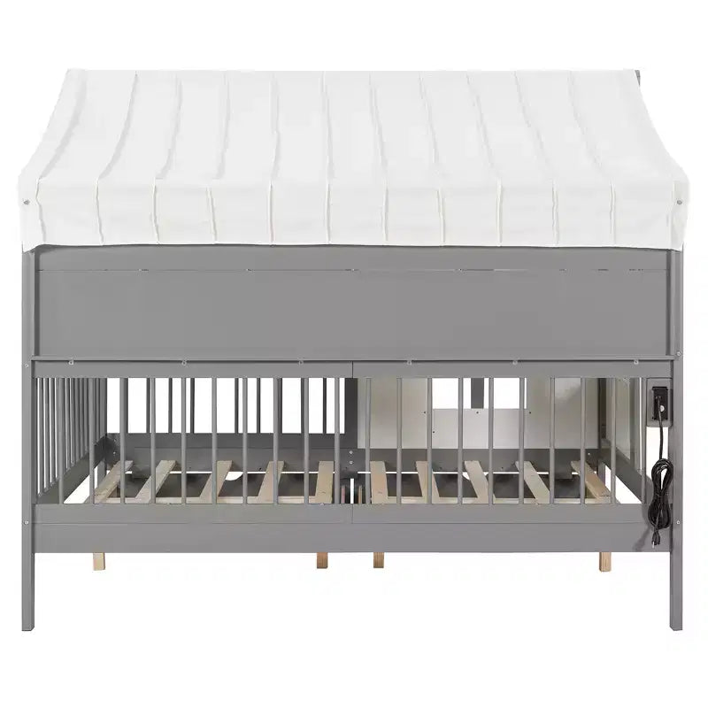 Full Size House Bed Tent Bed Kids Bed Frame with 2 Drawers, Side LED Bookshelf & Built-In Charging Station - ModernLuxe