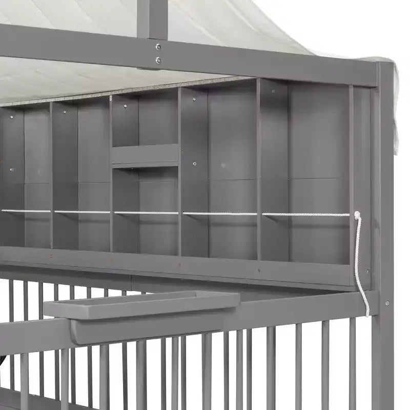 Full Size House Bed Tent Bed Kids Bed Frame with 2 Drawers, Side LED Bookshelf & Built-In Charging Station - ModernLuxe