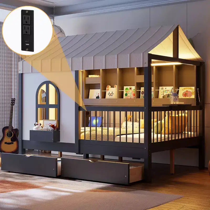 Full Size House Bed Tent Bed Kids Bed Frame with 2 Drawers, Side LED Bookshelf & Built-In Charging Station - ModernLuxe