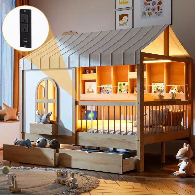 Full Size House Bed Tent Bed Kids Bed Frame with 2 Drawers, Side LED Bookshelf & Built-In Charging Station - ModernLuxe