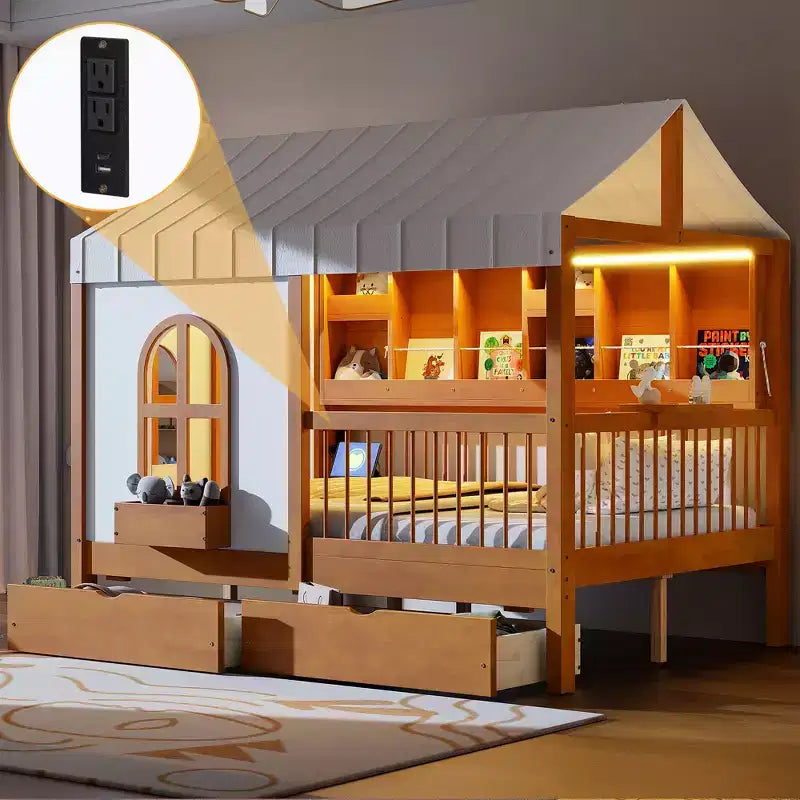 Full Size House Bed Tent Bed Kids Bed Frame with 2 Drawers, Side LED Bookshelf & Built-In Charging Station - ModernLuxe