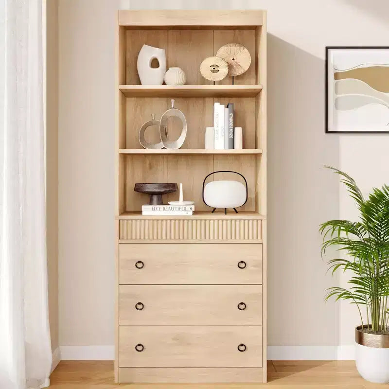 Bookshelf with Drawers 70.8 Fluted Bookcase, 6 Tier Bookcase with Storage, Tall Book Shelf with Waved Design, Storage Cabinet with Open Shelf