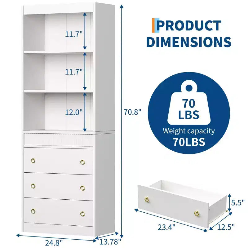 Bookshelf with Drawers 70.8 Fluted Bookcase, 6 Tier Bookcase with Storage, Tall Book Shelf with Waved Design, Storage Cabinet with Open Shelf