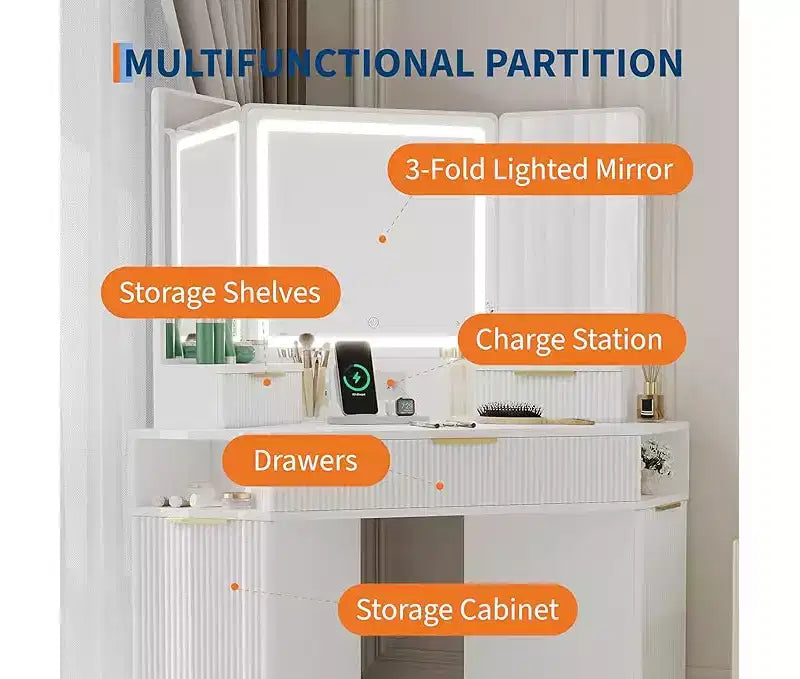 Corner Vanity Desk, Vanity Table with Lighted Mirror, Fluted Makeup Desk with Drawers and Cabinets, Corner Dressing Table