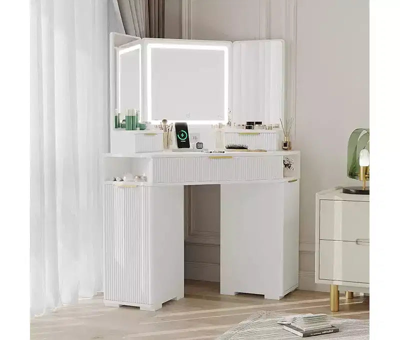 Corner Vanity Desk, Vanity Table with Lighted Mirror, Fluted Makeup Desk with Drawers and Cabinets, Corner Dressing Table