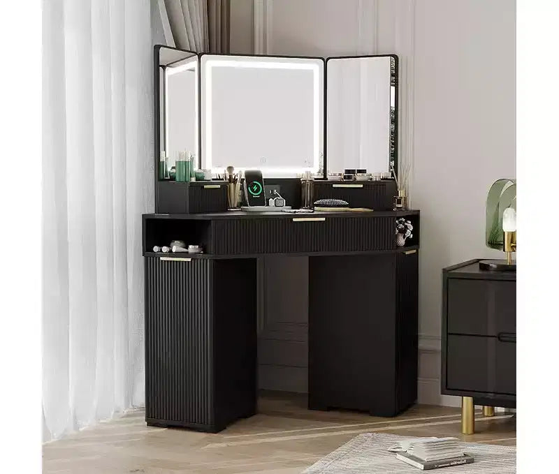 Corner Vanity Desk, Vanity Table with Lighted Mirror, Fluted Makeup Desk with Drawers and Cabinets, Corner Dressing Table