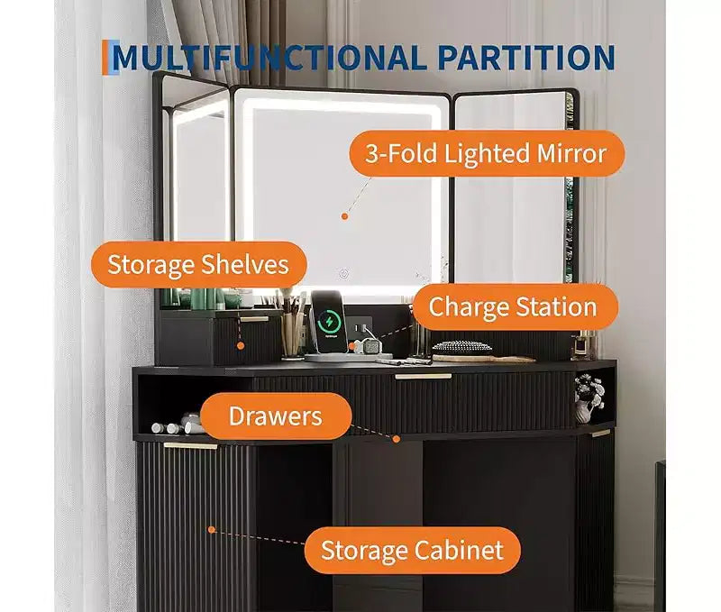 Corner Vanity Desk, Vanity Table with Lighted Mirror, Fluted Makeup Desk with Drawers and Cabinets, Corner Dressing Table