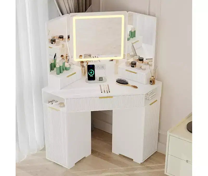 Corner Vanity Desk, Vanity Table with Lighted Mirror, Fluted Makeup Desk with Drawers and Cabinets, Corner Dressing Table