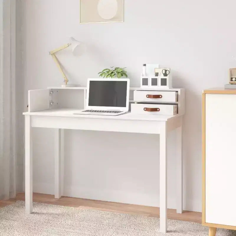 vidaXL Desk White Solid pine wood, faux leather (100% polyurethane)