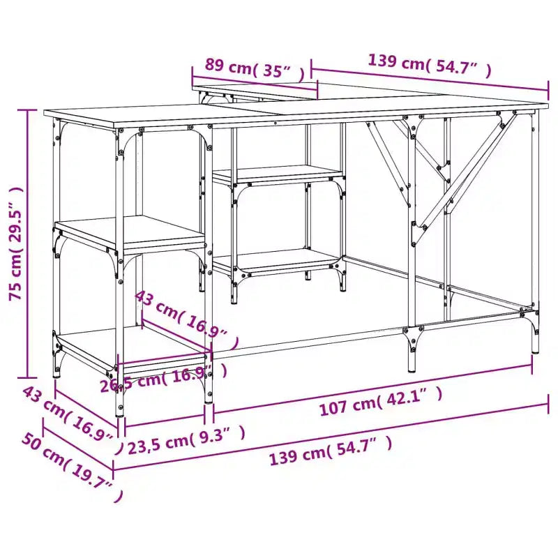 vidaXL Desk Storage L-shape Computer Study Table with Shelves Engineered Wood