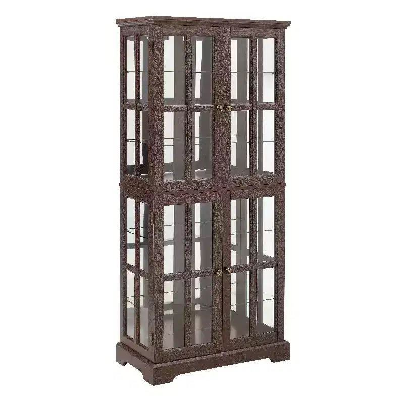 Display Curio Cabinet, Wooden Display Shelving Unit With Light Bulb & 4 Glass Doors, Liquor Storage Area, Curio Storage Rack Cherry