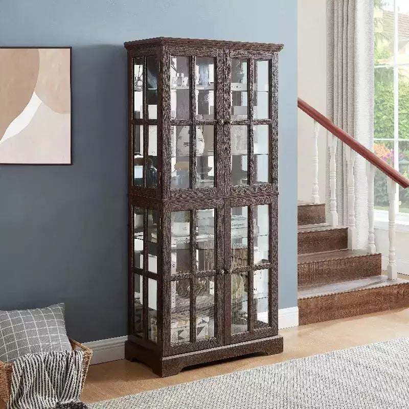 Display Curio Cabinet, Wooden Display Shelving Unit With Light Bulb & 4 Glass Doors, Liquor Storage Area, Curio Storage Rack Cherry
