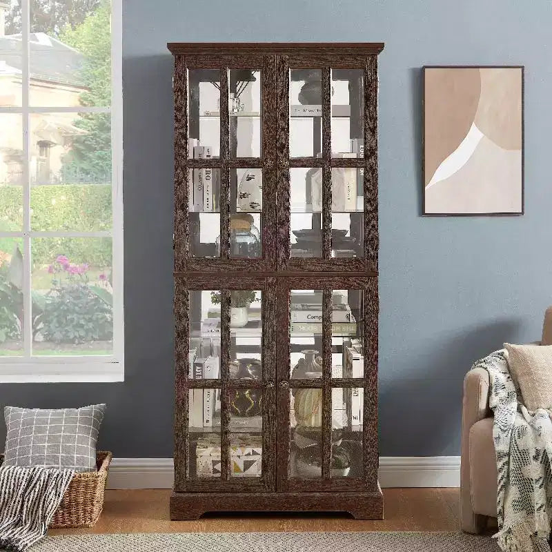 Display Curio Cabinet, Wooden Display Shelving Unit With Light Bulb & 4 Glass Doors, Liquor Storage Area, Curio Storage Rack Cherry