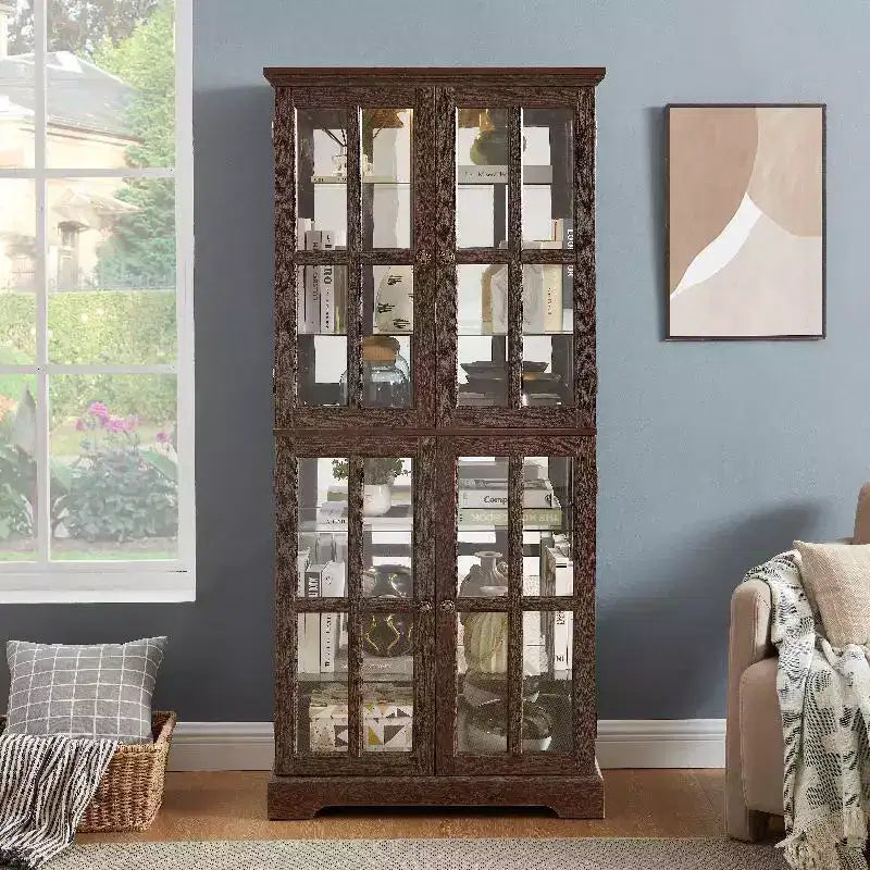 Display Curio Cabinet, Wooden Display Shelving Unit With Light Bulb & 4 Glass Doors, Liquor Storage Area, Curio Storage Rack Cherry