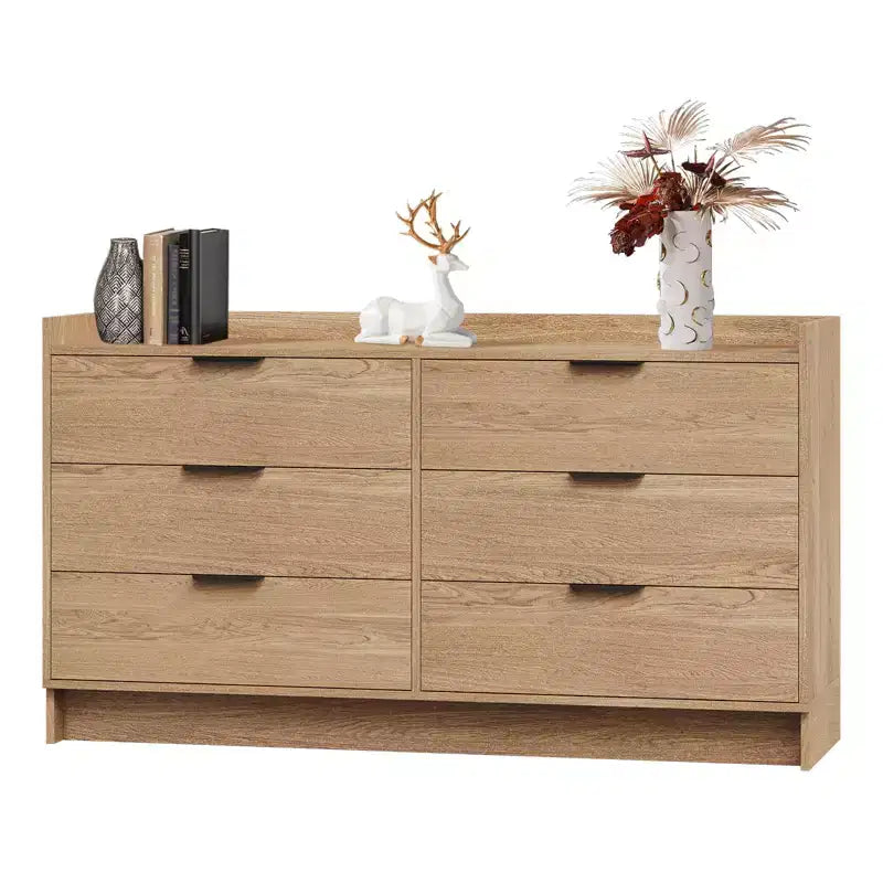 6 Drawer Dresser for Bedroom, 52W Wooden Chest of Drawers with Metal Handles, Clothes Storage Organizer, Dresser TV Stand for Hallway, Bedroom