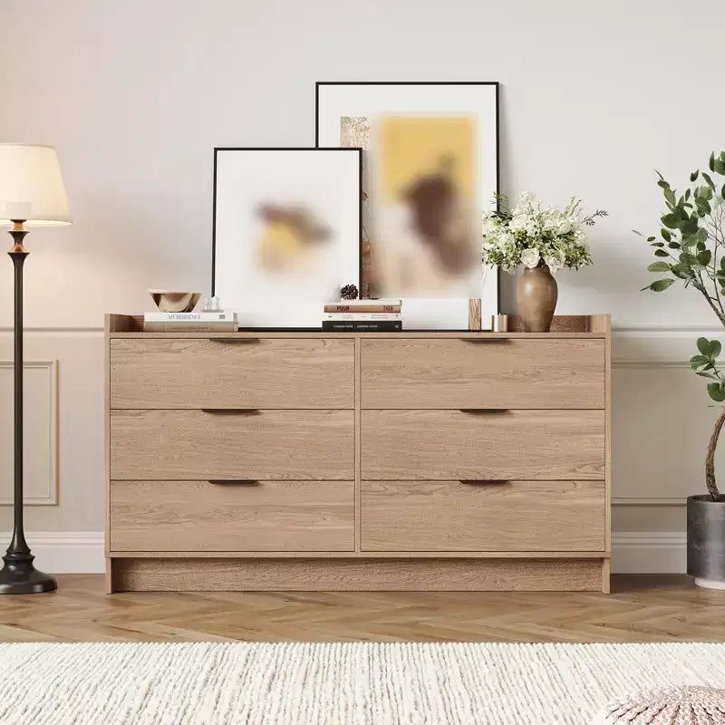 6 Drawer Dresser for Bedroom, 52W Wooden Chest of Drawers with Metal Handles, Clothes Storage Organizer, Dresser TV Stand for Hallway, Bedroom