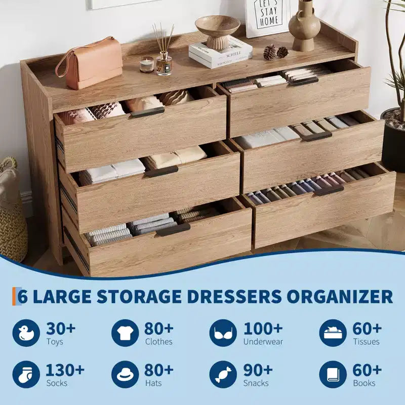 6 Drawer Dresser for Bedroom, 52W Wooden Chest of Drawers with Metal Handles, Clothes Storage Organizer, Dresser TV Stand for Hallway, Bedroom