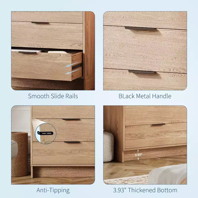 6 Drawer Dresser for Bedroom, 52W Wooden Chest of Drawers with Metal Handles, Clothes Storage Organizer, Dresser TV Stand for Hallway, Bedroom