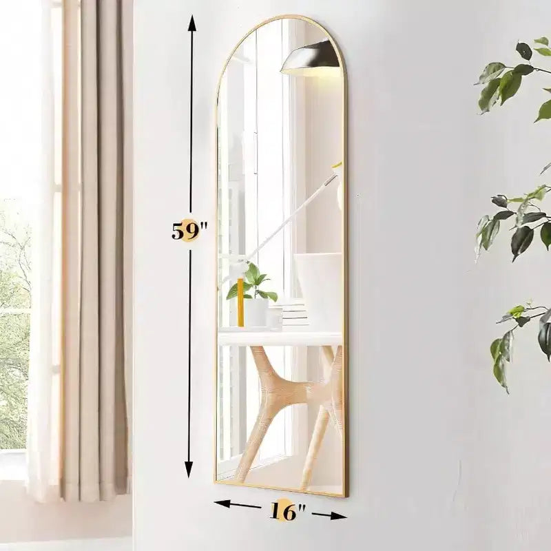 59x16 Gold Arched Mirror - Includes Stand & Thin Aluminum Frame. For Hanging, Leaning, or Standing Use