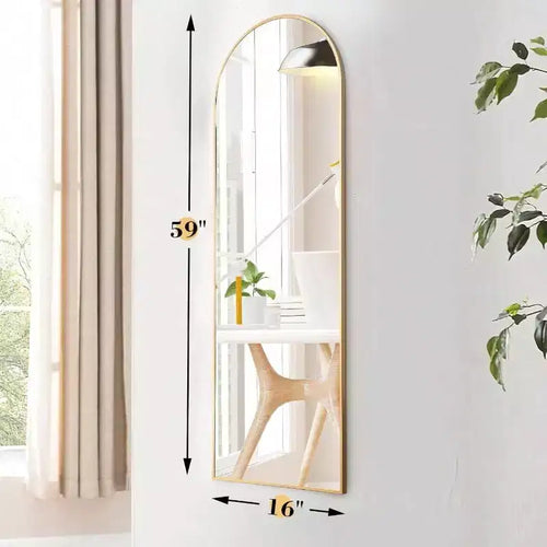 59x16 Gold Arched Mirror - Includes Stand & Thin Aluminum Frame. For Hanging, Leaning, or Standing Use