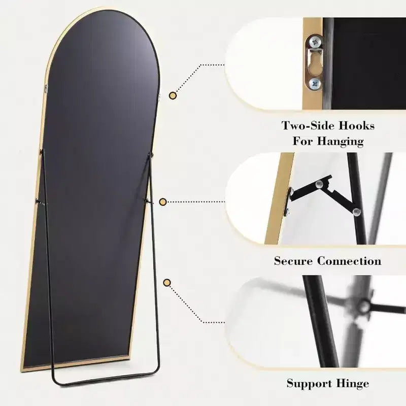 59x16 Gold Arched Mirror - Includes Stand & Thin Aluminum Frame. For Hanging, Leaning, or Standing Use