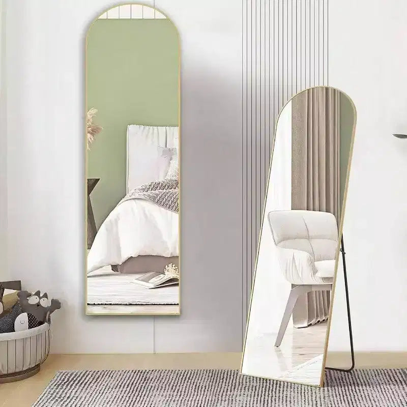 59x16 Gold Arched Mirror - Includes Stand & Thin Aluminum Frame. For Hanging, Leaning, or Standing Use