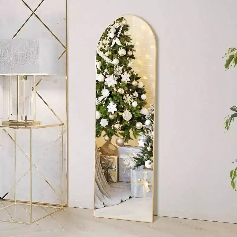 59x16 Gold Arched Mirror - Includes Stand & Thin Aluminum Frame. For Hanging, Leaning, or Standing Use