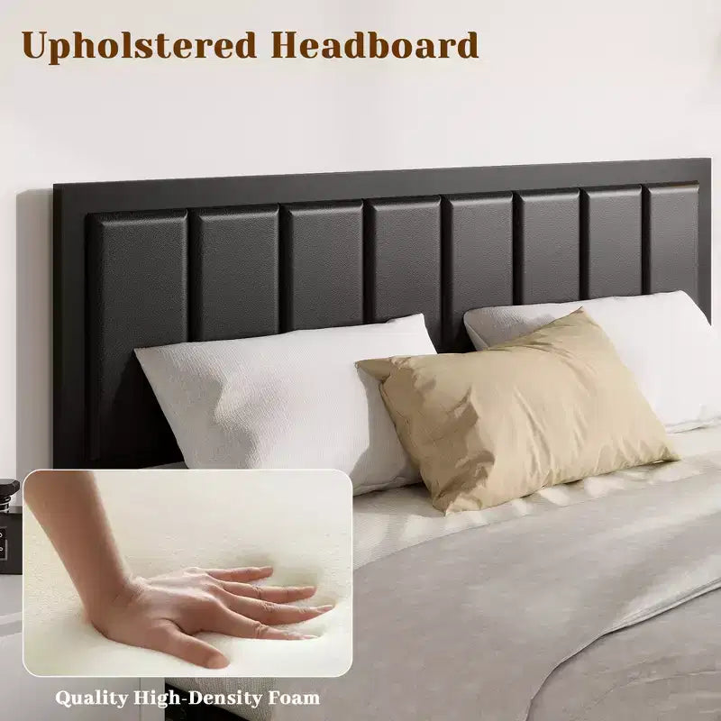 Dyonery vintage bed frame, headboard leather soft cover + high-density sponge, no box spring design, easy to install