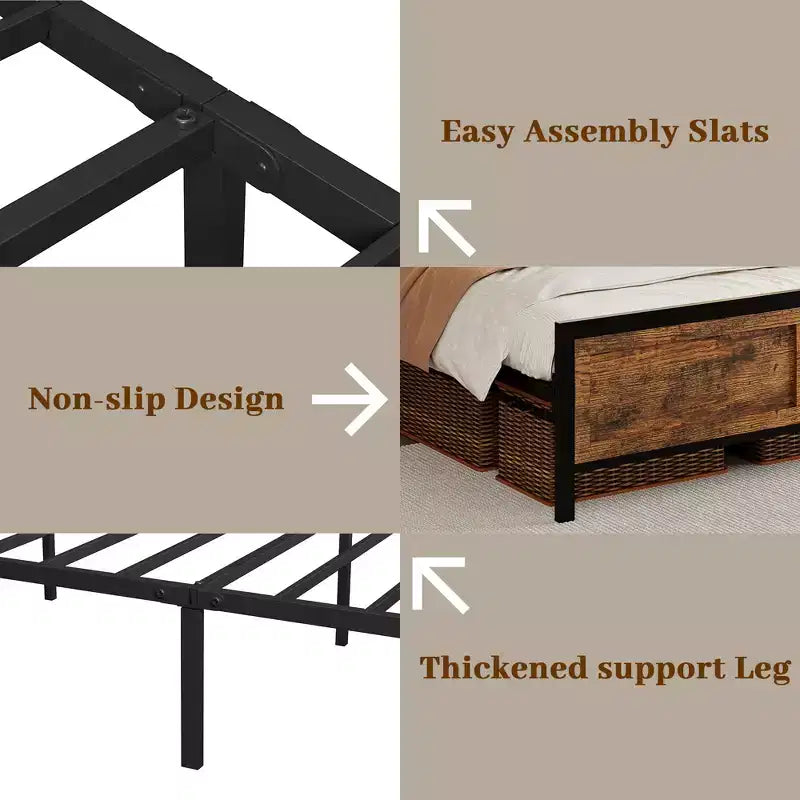 Dyonery vintage bed frame, headboard leather soft cover + high-density sponge, no box spring design, easy to install