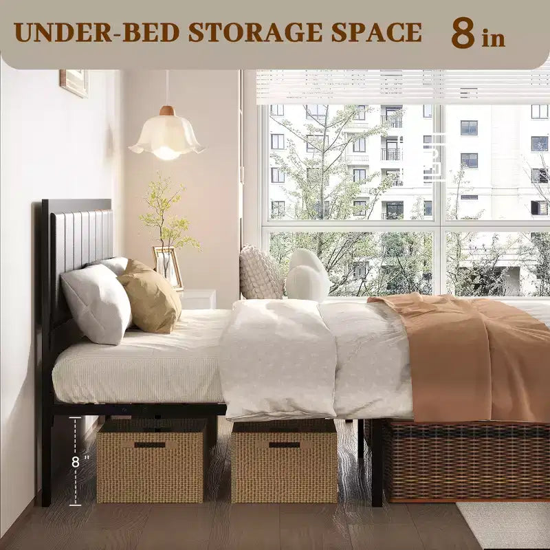 Dyonery vintage bed frame, headboard leather soft cover + high-density sponge, no box spring design, easy to install