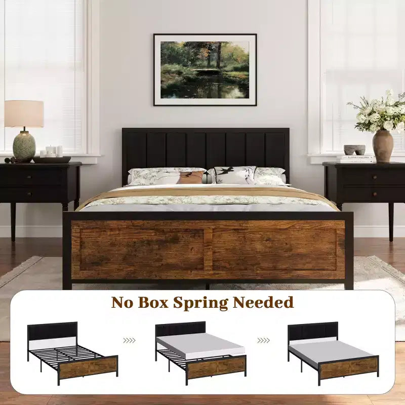 Dyonery vintage bed frame, headboard leather soft cover + high-density sponge, no box spring design, easy to install