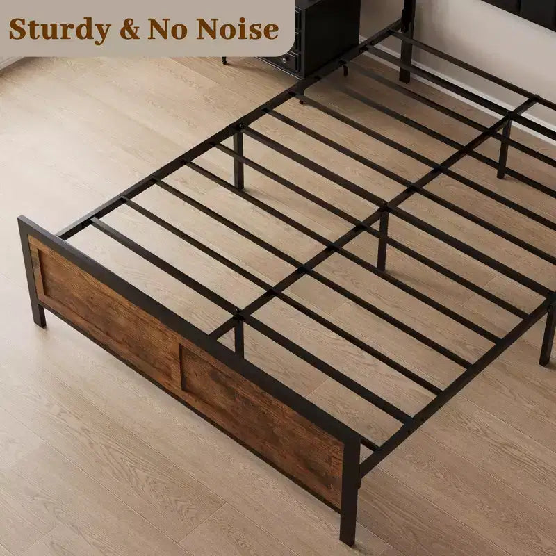 Dyonery vintage bed frame, headboard leather soft cover + high-density sponge, no box spring design, easy to install